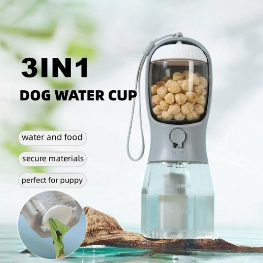 Taza de agua para perros, comedero y bolsa de basura tres en uno, portátil, pequeña y multifuncional para mascotas.