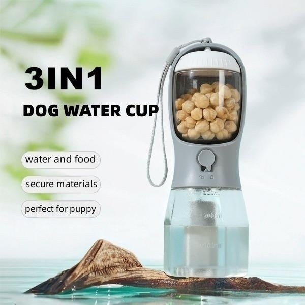 Taza de agua para perros, comedero y bolsa de basura tres en uno, portátil, pequeña y multifuncional para mascotas.