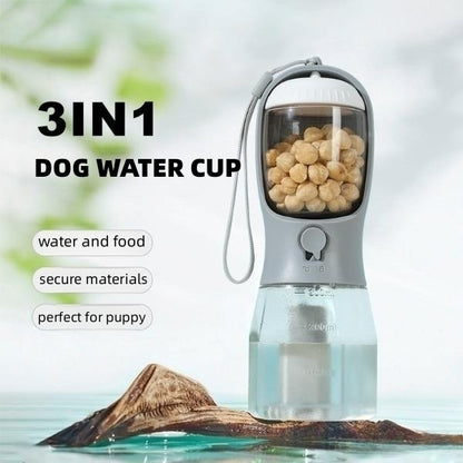 Taza de agua para perros, comedero y bolsa de basura tres en uno, portátil, pequeña y multifuncional para mascotas.